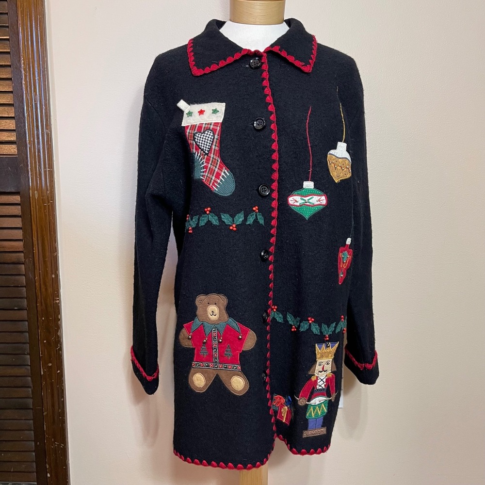 Sharon Young Vintage Christmas Wool Longline Cardigan Nutcracker Santa Black M